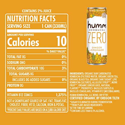 Humm Probiotic Kombucha Zero Sugar Ginger Lemonade - No Refriger