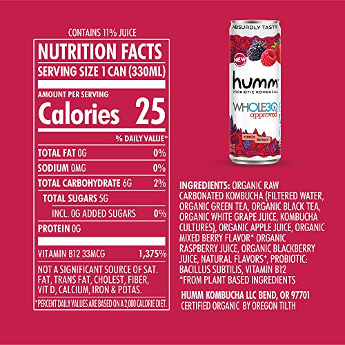 Humm Whole30 Approved Probiotic Kombucha Mixed Berry - The Only