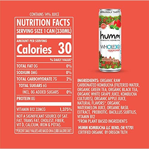 Humm Whole30 Approved Probiotic Kombucha Watermelon Basil - The