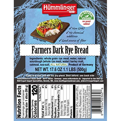 Farmers Dark Rye Bread Yeast Free Hummlinger, No Yeast Added 17.