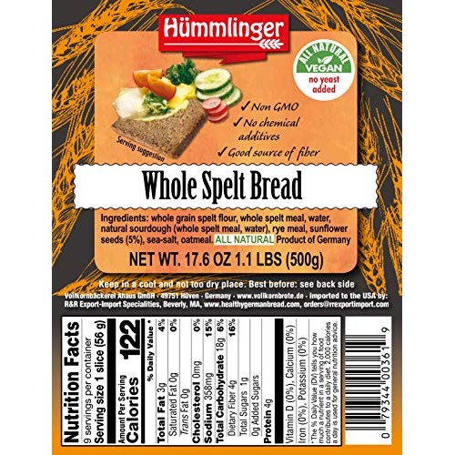 Whole Spelt Bread Yeast Free Hummlinger, No Yeast Added 17.6 Oz