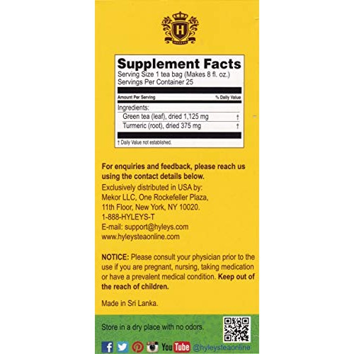 Hyleys Wellness Turmeric with Green Tea - 25 Tea Bags 100% Natu...