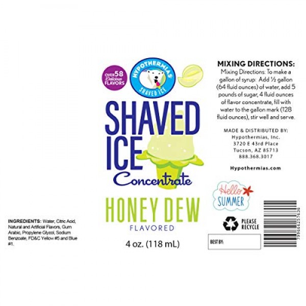 Honey Dew Shaved Ice And Snow Cone Flavor Concentrate 4 Fl Ounce