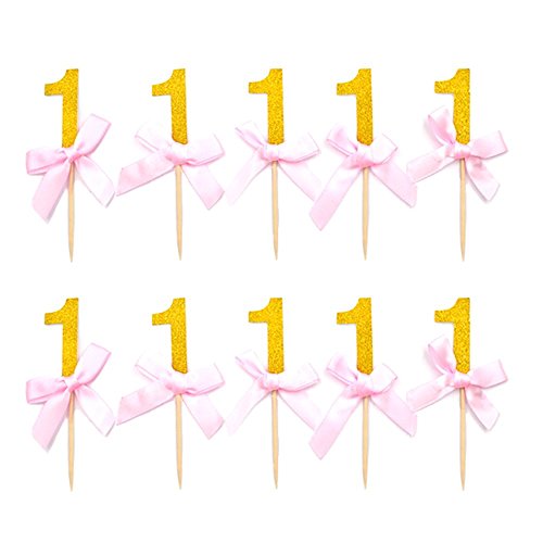Hzonline Number One Cupcake Toppers Glitter With Pink Ribbon Bow