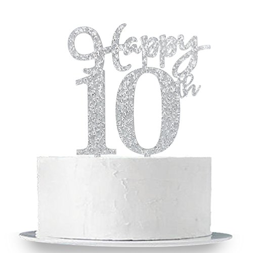 Happy 10Th Cake Topper, Glitter Silver 10Th Birthday Wedding Ann