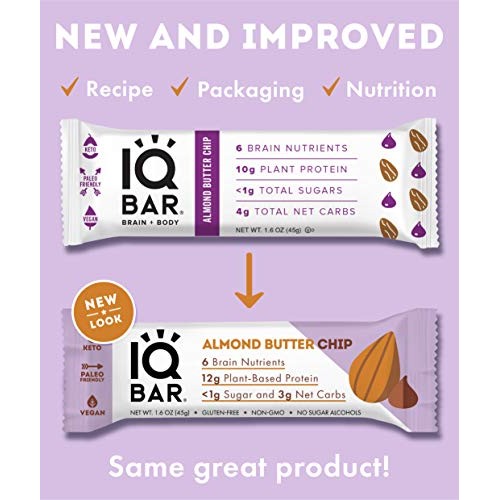 Iqbar Brain + Body Protein Bars, Almond Butter Chip, Keto, Vegan