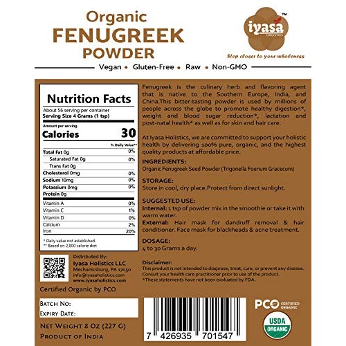 Organic Fenugreek Seeds Powder Methi, 8 Oz / 223 Gm, Usda Orga