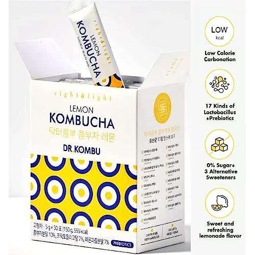 KOMBUCHA Lemon Kombucha Tea, 30 sticks x 5 grams, Zero Sugar, Sp...
