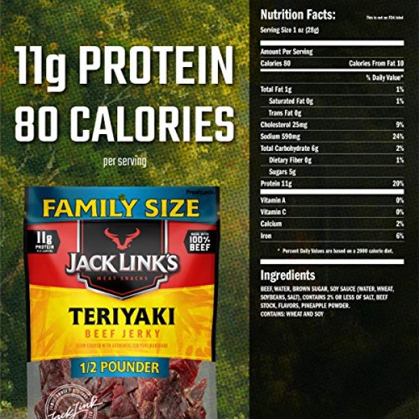 Jack Link’s Beef Jerky, Teriyaki, ½ Pounder. Bag – Flavorful Mea...