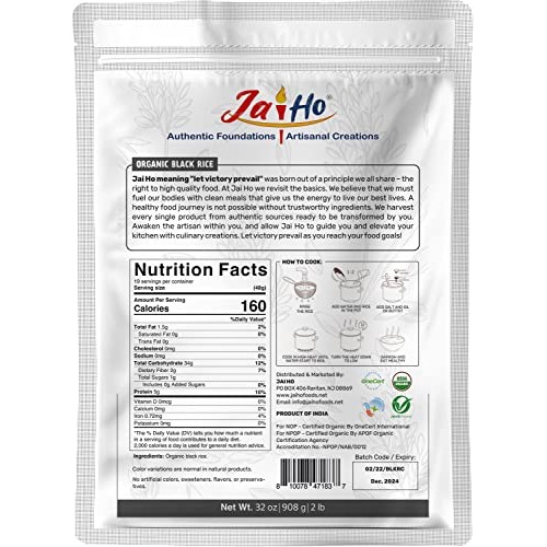 Certified USDA Organic Black Rice Whole Grain - 2 LB - Gluten Fr...