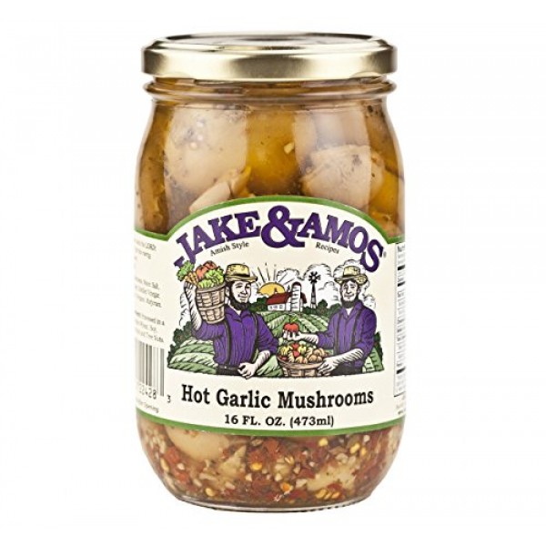 Jake & Amos Pickled Hot Garlic Mushrooms, 16 Oz. Jars Pack of 2