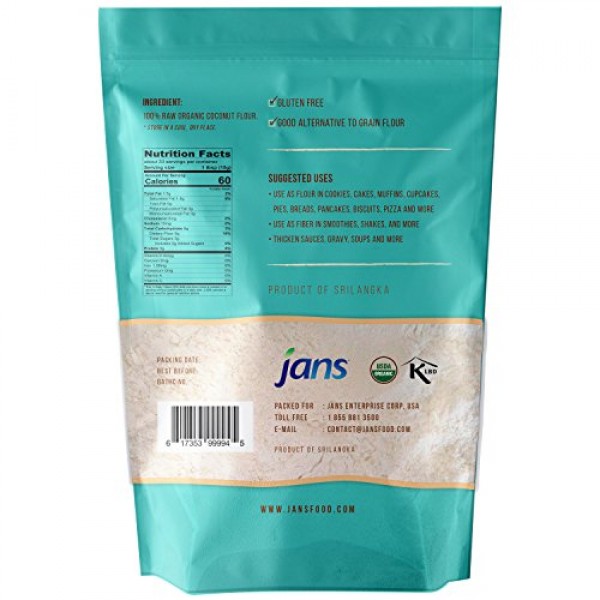 Jans Organic Coconut Flour 1.1Lb | Gluten-Free | Certified Organ