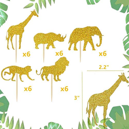 30 Pcs Jevenis Gold Glitter Jungle Safari Animal Cupcake Toppers