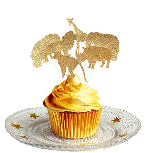 30 Pcs Jevenis Gold Glitter Jungle Safari Animal Cupcake Toppers