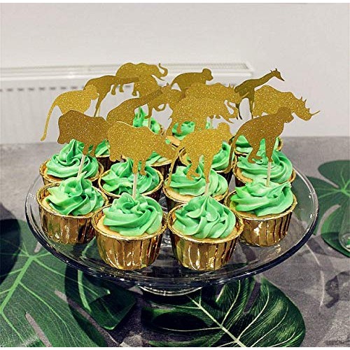 30 Pcs Jevenis Gold Glitter Jungle Safari Animal Cupcake Toppers