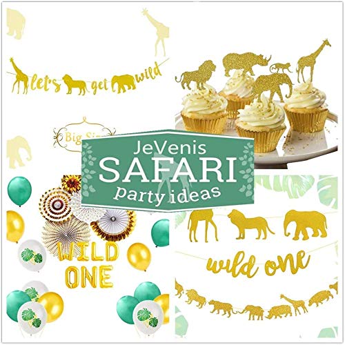30 Pcs Jevenis Gold Glitter Jungle Safari Animal Cupcake Toppers