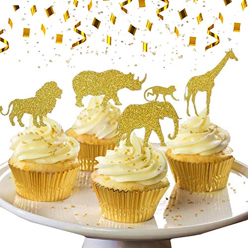 30 Pcs Jevenis Gold Glitter Jungle Safari Animal Cupcake Toppers