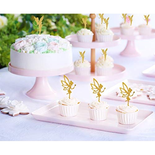Jevenis 32Pcs Gold Glitter Fairy Cupcake Toppers Angel Cake Topp