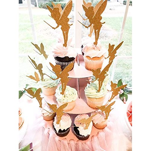 Jevenis 32Pcs Gold Glitter Fairy Cupcake Toppers Angel Cake Topp