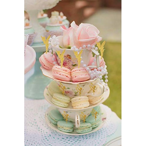 Jevenis 32Pcs Gold Glitter Fairy Cupcake Toppers Angel Cake Topp