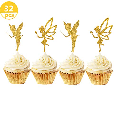 Jevenis 32Pcs Gold Glitter Fairy Cupcake Toppers Angel Cake Topp