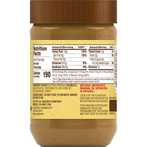 Jif Natural Creamy Peanut Butter With Honey, 16 Ounces, 7G 7% D