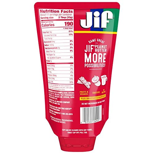 Jif Squeeze Creamy Peanut Butter, 13 Ounces, Smooth, Creamy Text