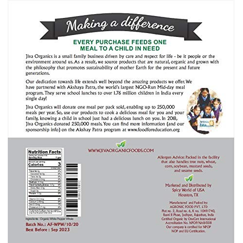 Organic White Peppercorns Whole 1.5 Pound Bulk Bag - Non-Gmo, Pu