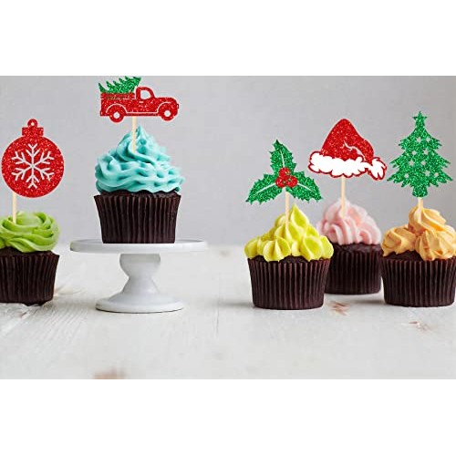 Jkq 36 Pieces Glittery Christmas Cupcake Toppers Christmas Holly