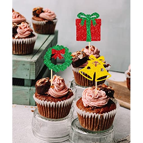 Jkq 36 Pieces Glittery Christmas Cupcake Toppers Christmas Holly
