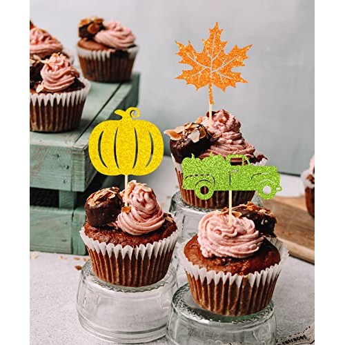 Jkq 48 Pieces Fall Cupcake Toppers Colorful Glittery Pumpkin Tru