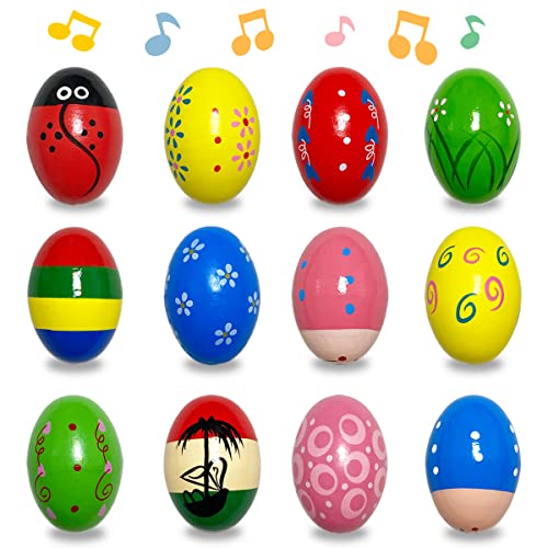 JoFAN 12 Pack Wooden Percussion Musical Shake Eggs Easter Egg Sh...