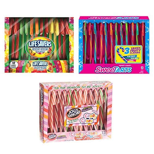 Candy Canes - 3 Pack Sampler, 12 Jolly Ranchers, 12 Sweetarts, 1