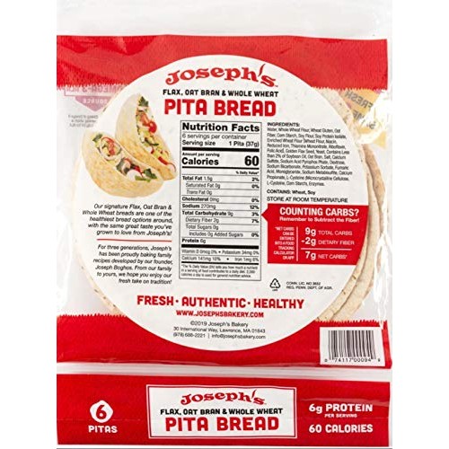 Josephs Flax, Oat Bran And Whole Wheat Flour Pita Bread 6 Loave