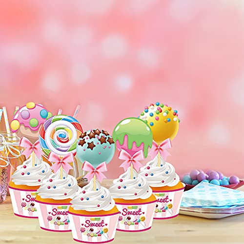 Josimen 40Pcs Lollipop Cupcake Toppers and Wrappers Dessert Deco...