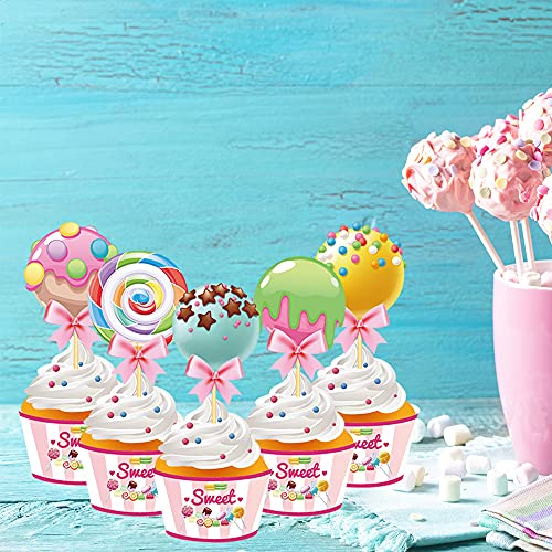 Josimen 40Pcs Lollipop Cupcake Toppers and Wrappers Dessert Deco...