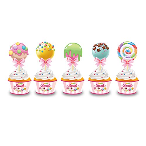 Josimen 40Pcs Lollipop Cupcake Toppers and Wrappers Dessert Deco...