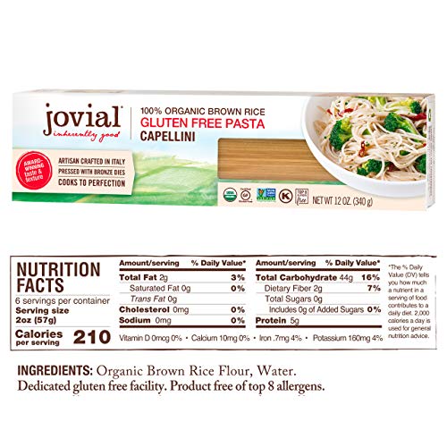 Jovial Capellini Gluten-Free Pasta | Whole Grain Brown Rice Cape