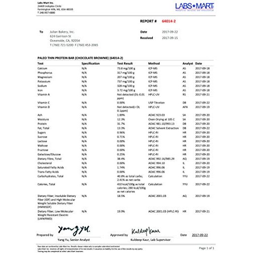 Julian Bakery Paleo Thin Protein Bars Chocolate Brownie Glute