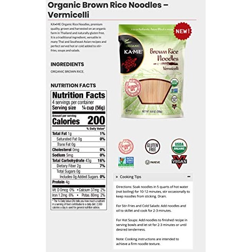Ka-Me Organic Rice Noodles, Vermicelli, 8Oz. Bags, 6 Pack 47065