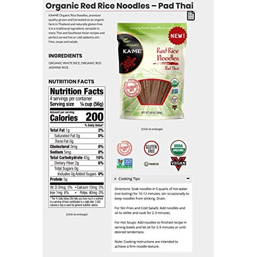 Ka-Me Organic Rice Noodles, Pad Thai, 8Oz. Bags, 6 Pack 470654