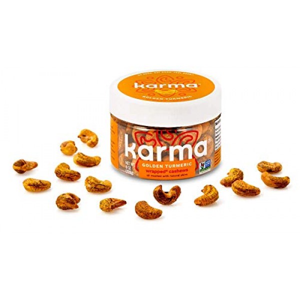 Karma Nuts Golden Turmeric Wrapped Cashews | 8 oz Jar | Whole, W...