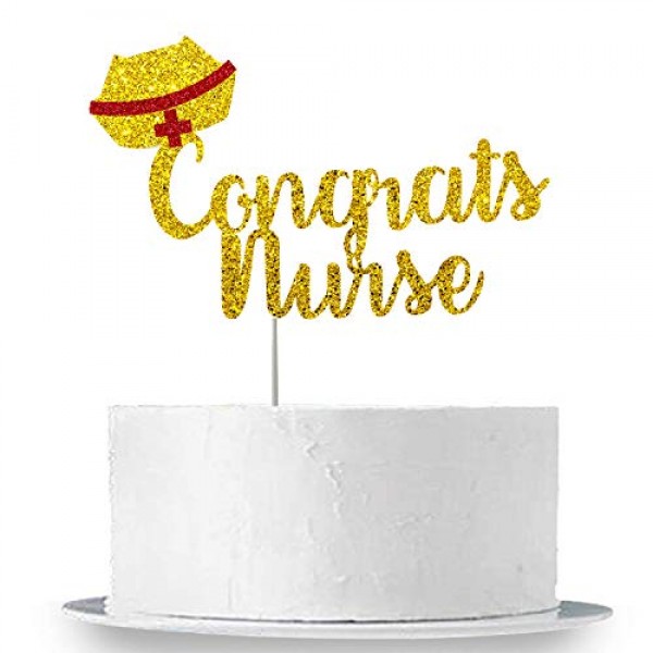 Congrats Nurse Cake Topper, Gold & Red - Real Glitter, Large Siz...