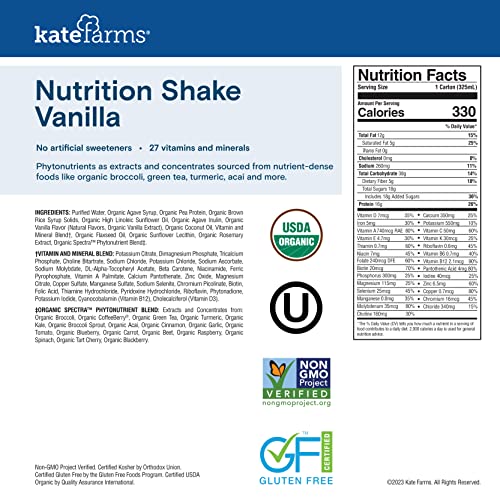 KATE FARMS Organic Vegan Plant Based Nutrition Shake, Vanilla, 1...