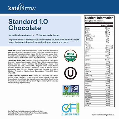 KATE FARMS Organic1.0 Sole-Source Nutrition Shake, Chocolate, 16...