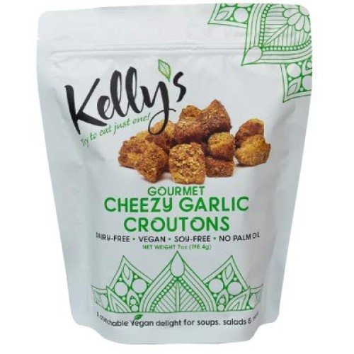 Kellys Gourmet Cheezy Garlic Croutons. Dairy Free, Soy Free, Pa