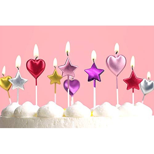10 Cute Heart Shaped And Star Birthday Candles Multi-Color Cake