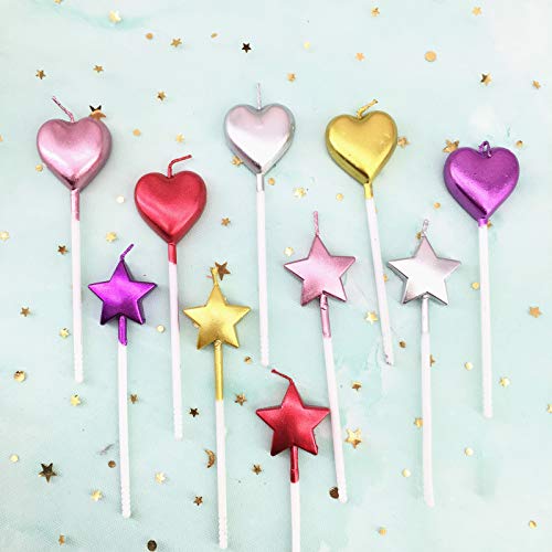 10 Cute Heart Shaped And Star Birthday Candles Multi-Color Cake
