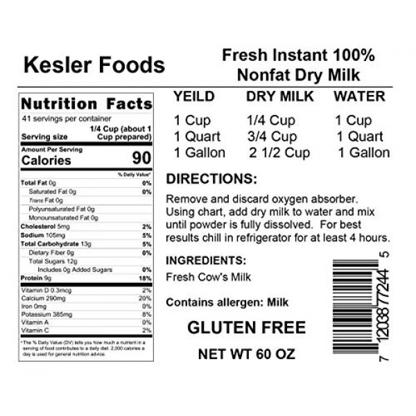Kesler Foods Fresh Instant 100% Nonfat Dry Milk - 160 Ounces 160