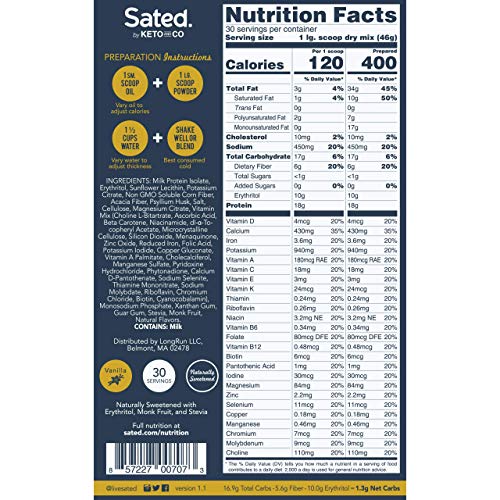 Sated Keto Meal Shake | 18G Protein| 30 Meal Kit |Just 1.3G Net